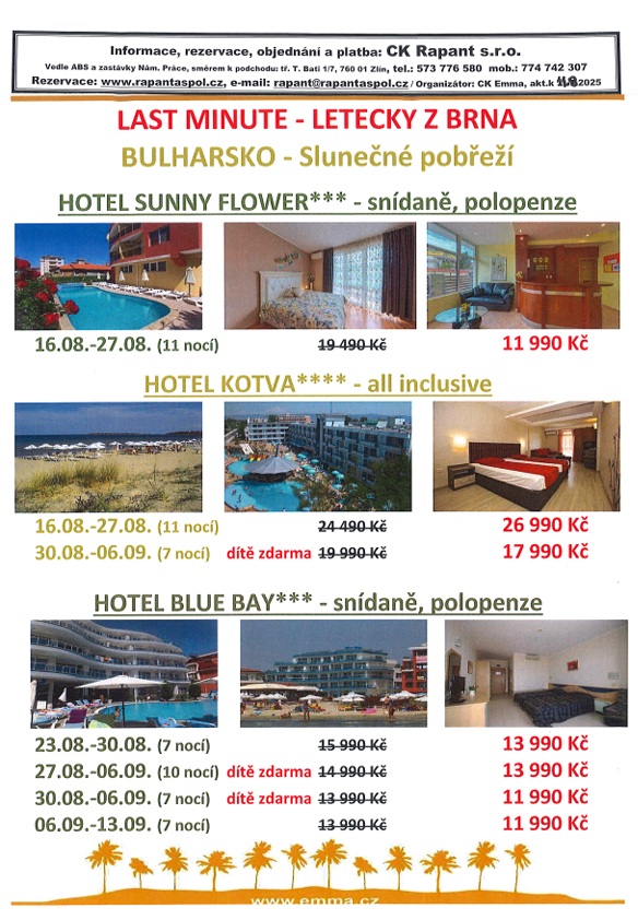 BULHARSKO - LAST MINUTE KOTVA A BLUE BAY - 16.8.,23.8,27.8.,30.8.,6.9.
